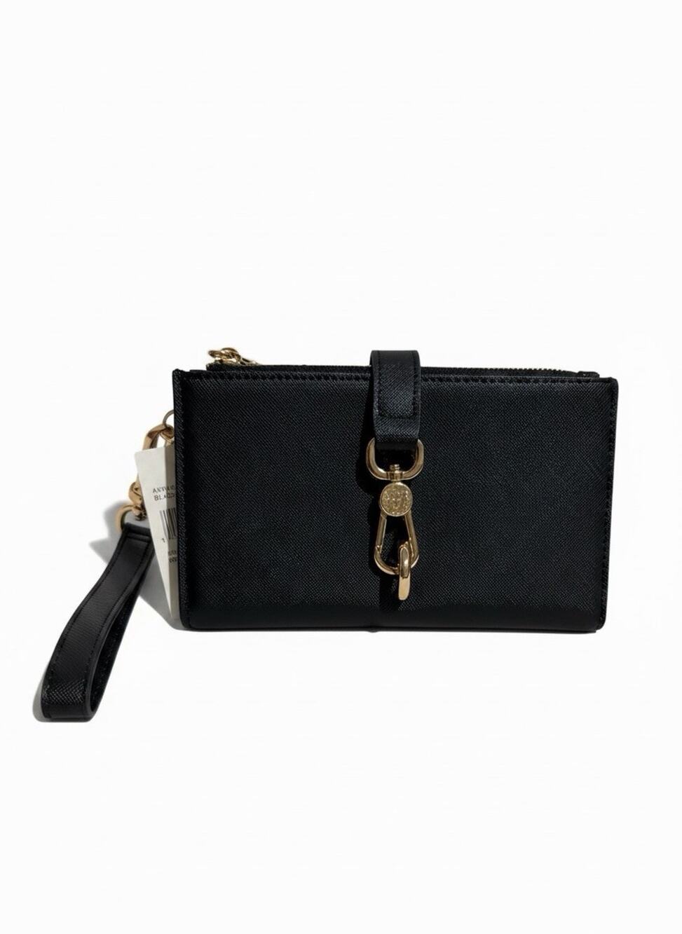 Anne Klein Black Bifold Wristlet With Bridge-Clip Closure Wallet Gold Hardware